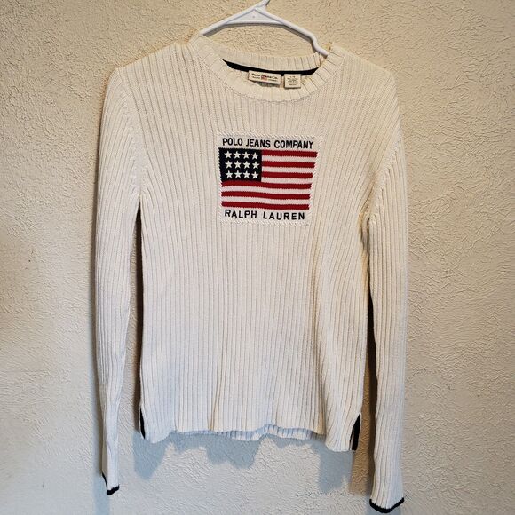 VTG Ralph Lauren Polo Jeans Flag Sweater Womens large Beige Knitted Wide Ribbed - Picture 1 of 7